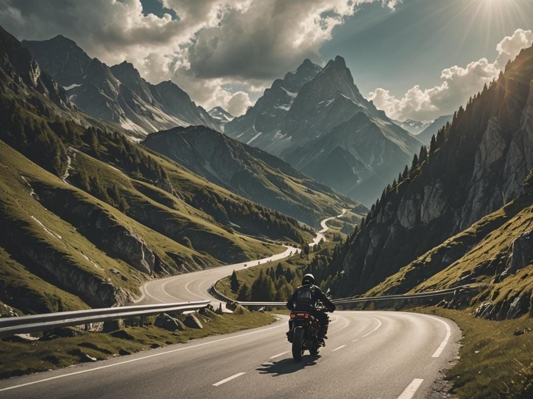 Motorcycle Ascends Alpine Pass in Dramatic Digital Painting