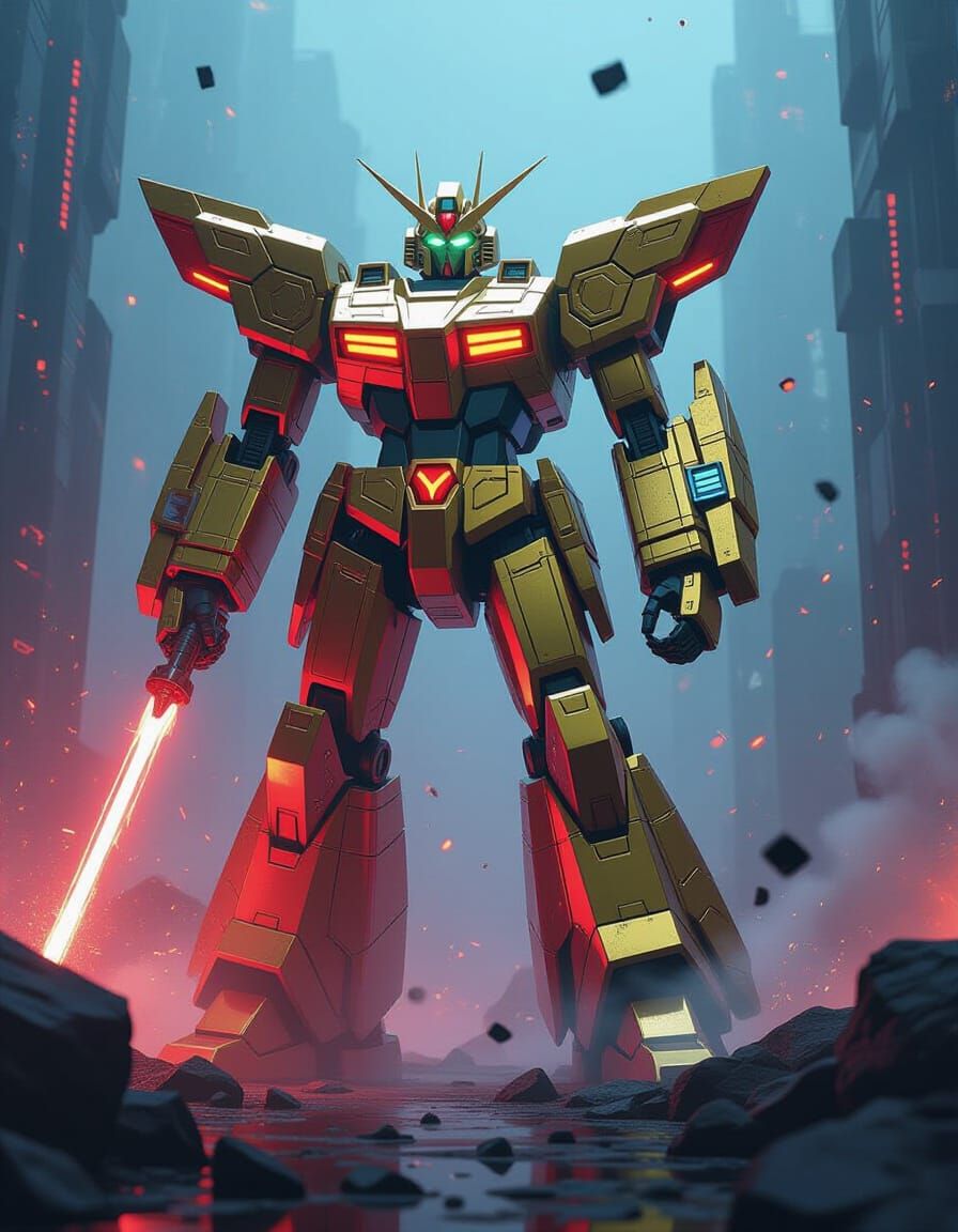 Goldorak Robot in Neon Lights Amidst Digital Storm