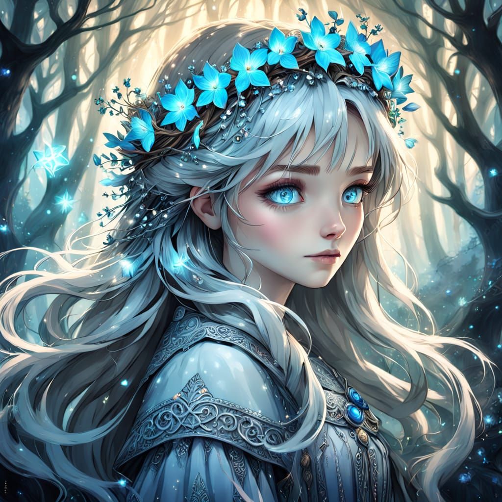 Ethereal Girl With Glowing Hair in Magical Forest
