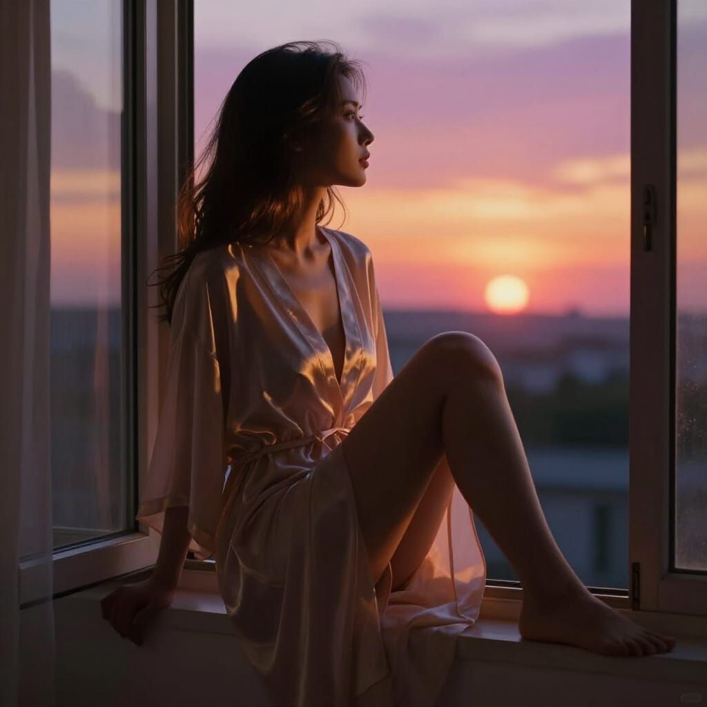 Woman Gazes at Golden Hour Sunset Through Window