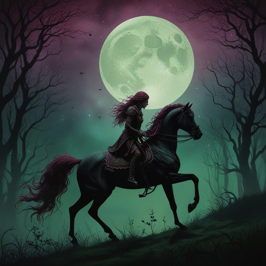 Ethereal Horseman Rides Under Moonlit Skies in Gothic Fantas...