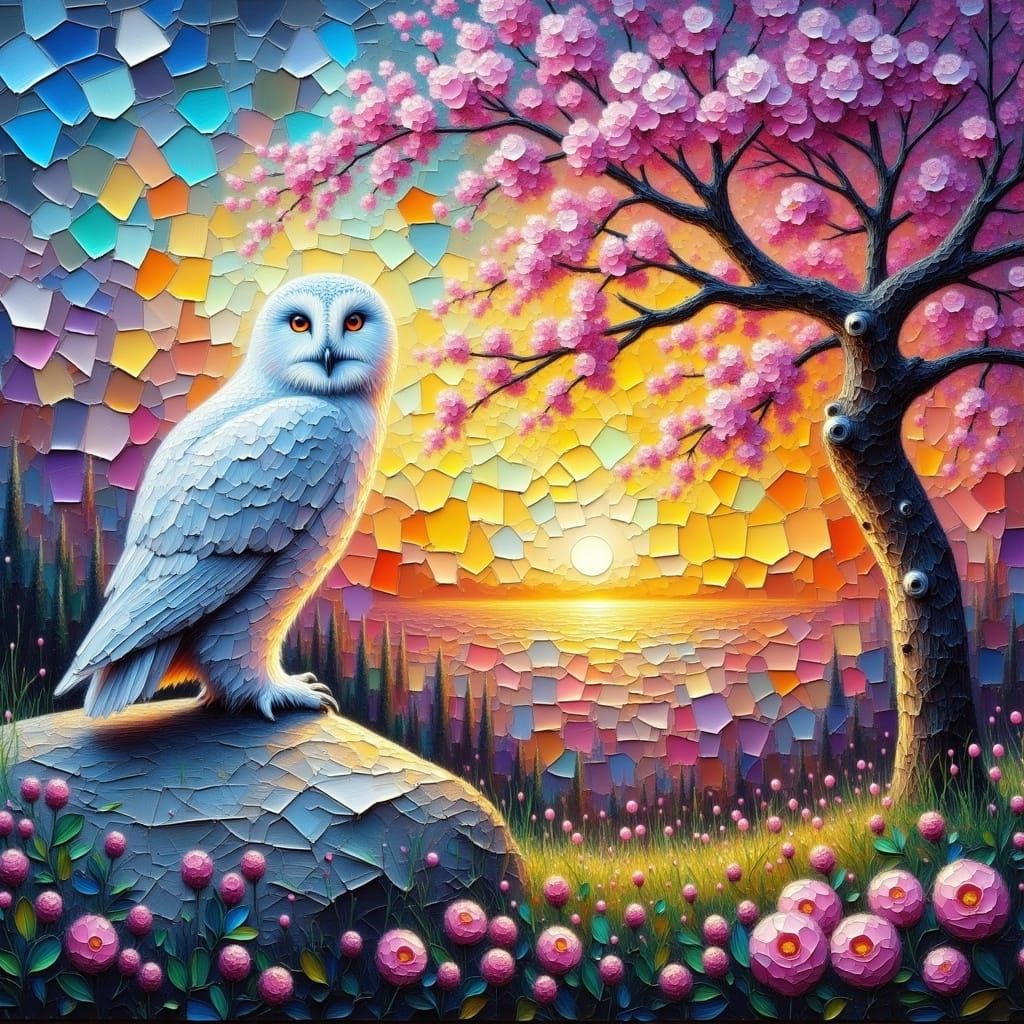 Owl in Sunset as Cracked Impasto Painting