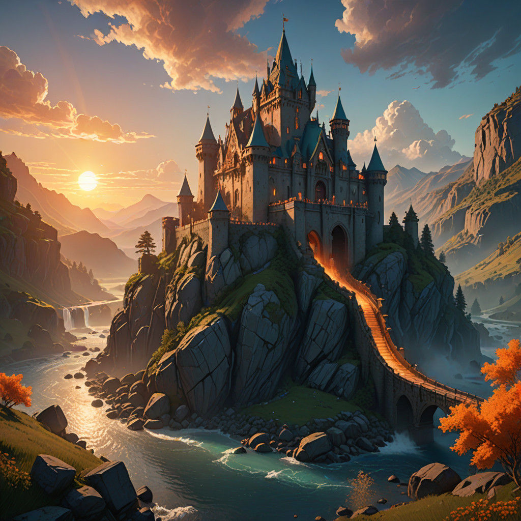 Epic Castle Scene with Golden Light and Misty Mountains
