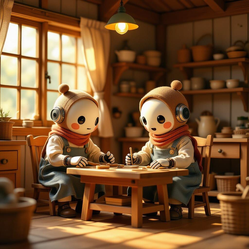 Robots Handcrafting Furniture in Ghibli Style Workshop