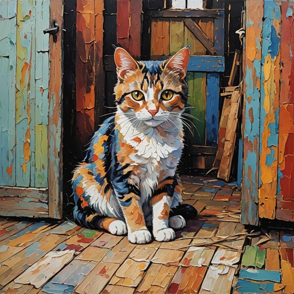 Cat in Barn: A Neo-Impressionistic Oil Painting