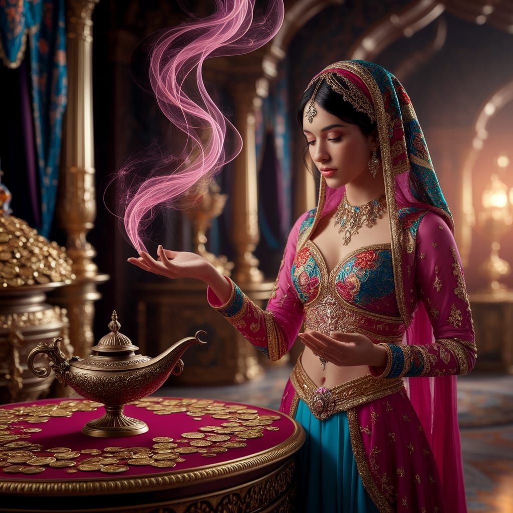 Genie of the Lamp in Opulent Palace, Detailed Matte Painting