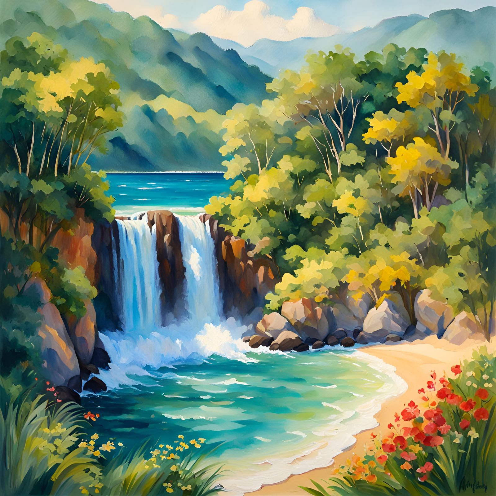 Paradise Beach Waterfall in Gouache and Watercolor