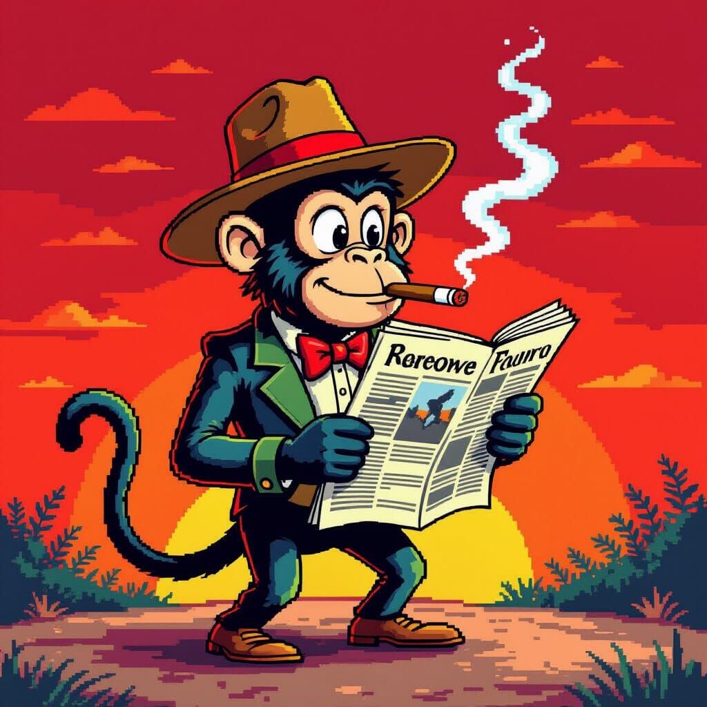 Umanized Mosquito in Hat Reads Newspaper, Pixel Art Style