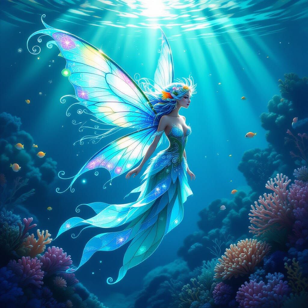 Coral Fairy Protecting Her Reef as Art Nouveau