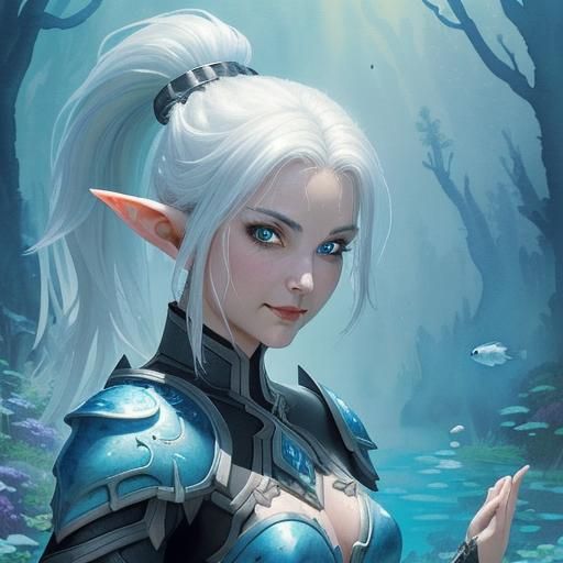 Underwater Elf Warrior in Watercolor Style