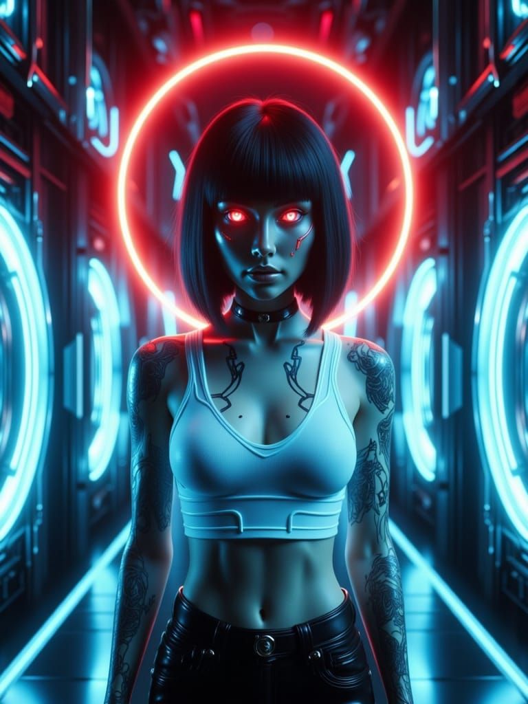Futuristic cyberpunk woman standing in a glowing sci-fi chamber, pale blue skin illuminated by neon lighting, short blac...