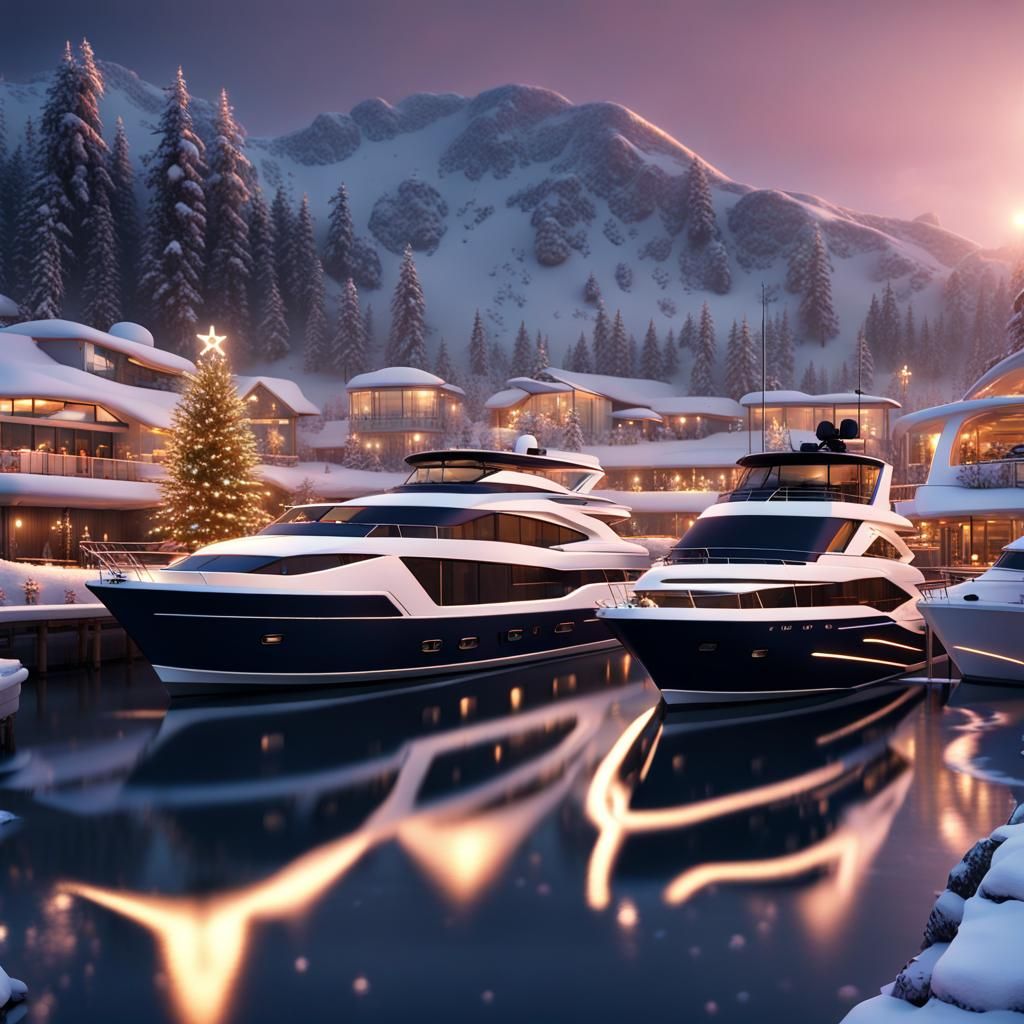 Snowy Marina with Christmas Lights in Hyperrealism