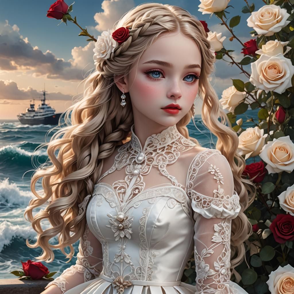 Victorian Girl with Roses at Ocean's Edge
