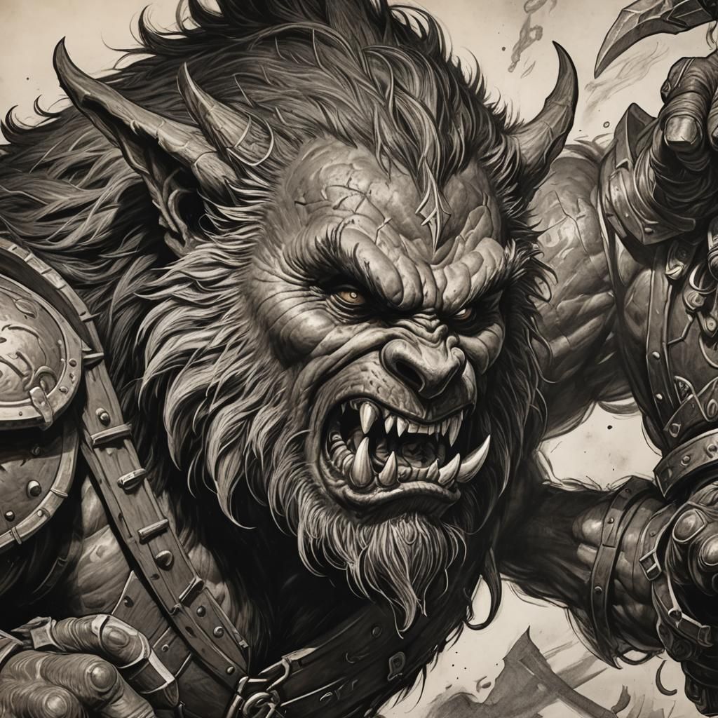 Bugbear Punches Opponent: Hyperdetailed Charcoal Drawing