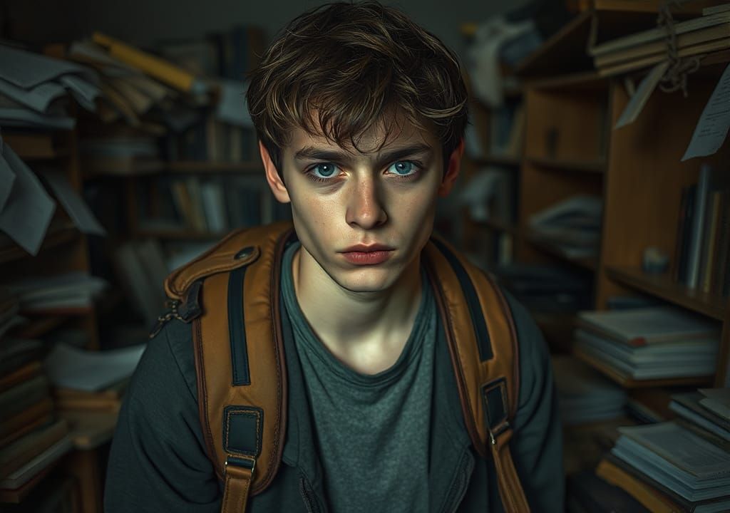 Weary Student in a Cluttered Study