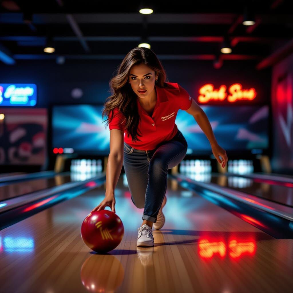 Woman Bowling a Strike in Neon-Lit Alley
