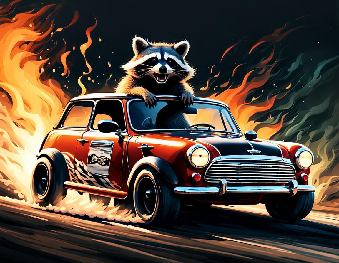 Raccoon Driving Mini Cooper with Dragster Engine