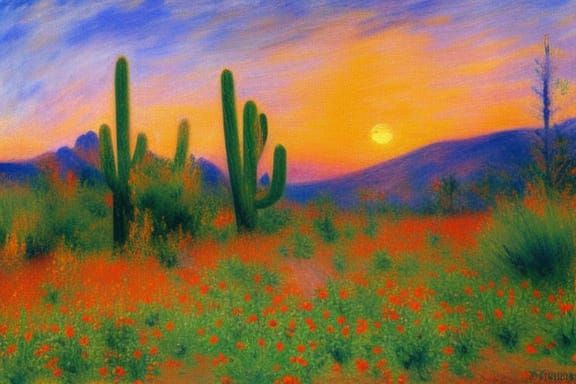 Cactus in Bloom: Impressionist Red Sky Painting