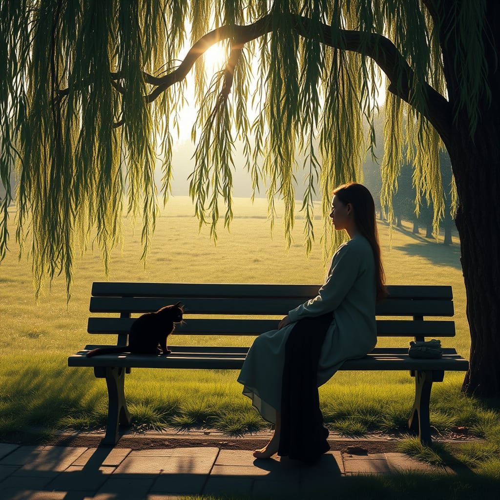 Melancholic Woman Under Weeping Willow, Cat by Her Side