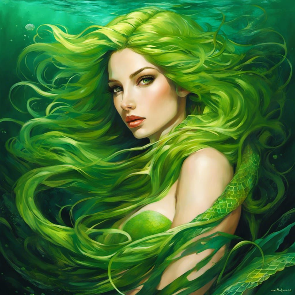 Green Mermaid with Braids in Art Nouveau Style