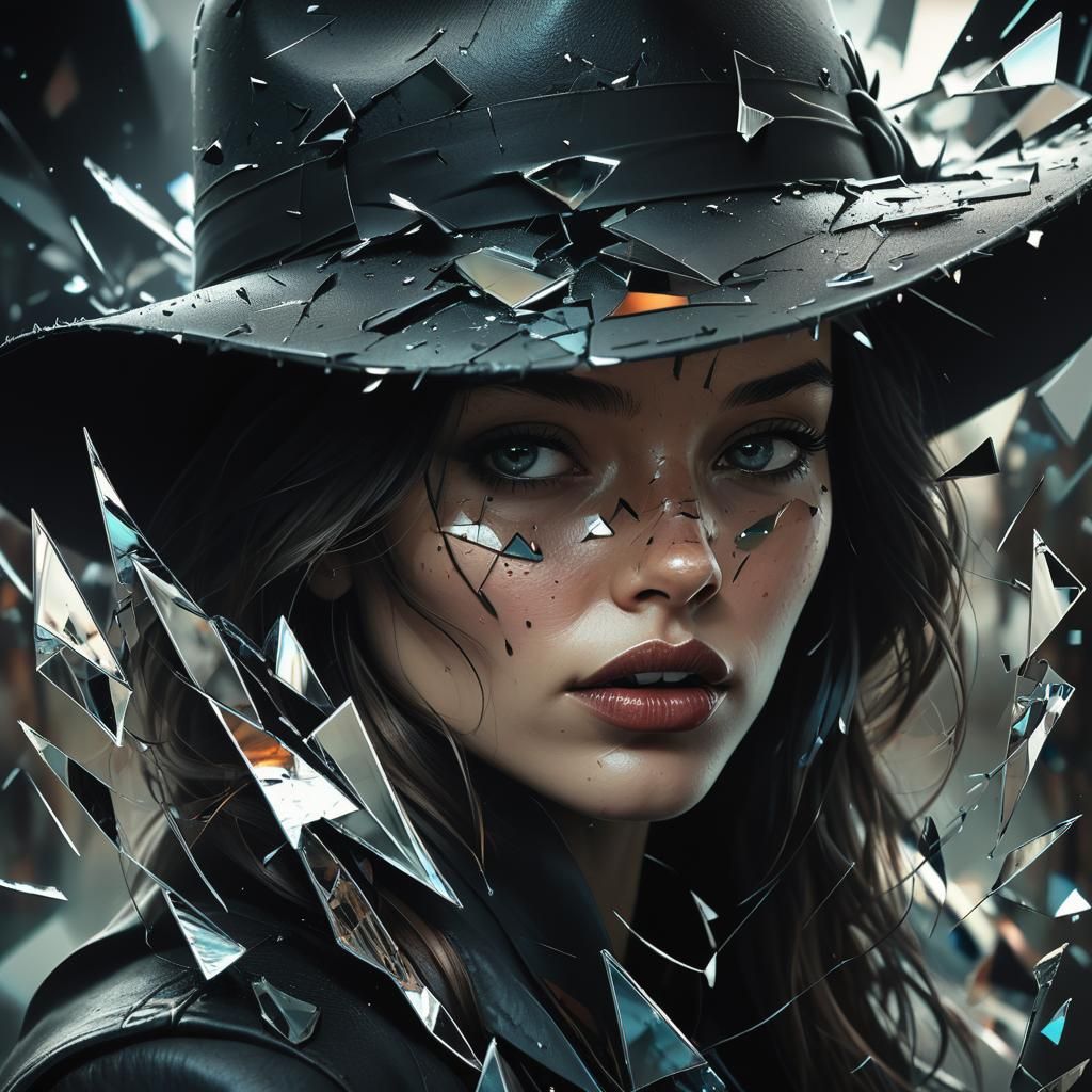 Noir Woman Reflected in Shattered Mirror