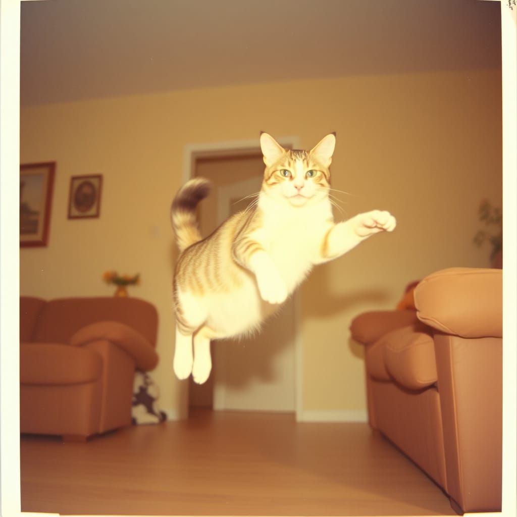 Feline Joy Caught on Polaroid in Living Room