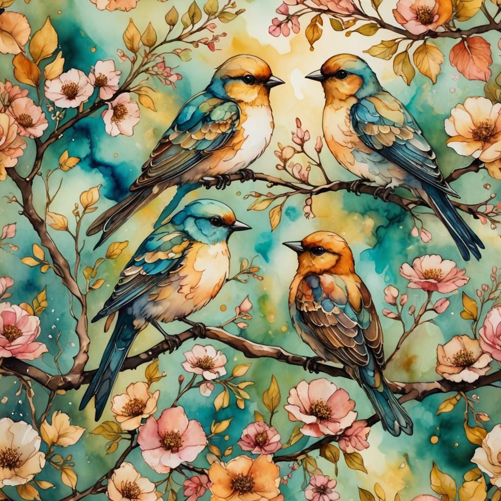 Birds in Sunny Garden: Alcohol Ink Illustration