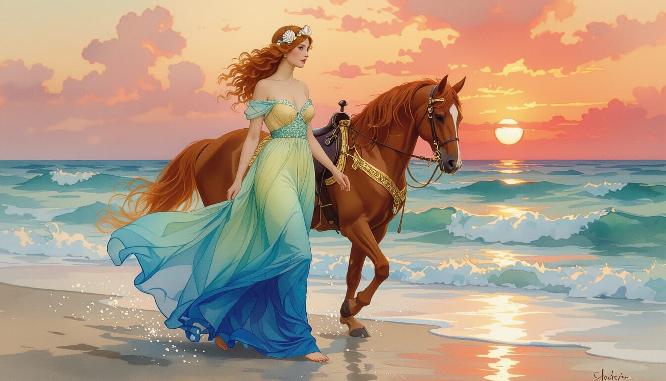 Watercolor Woman with Horse at Sunset, Art Nouveau Style