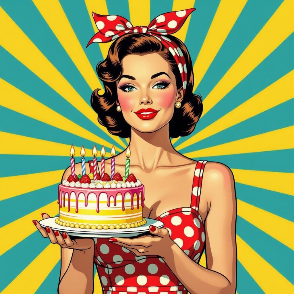 Retro Pin-Up Girl with Birthday Cake in Pop Art