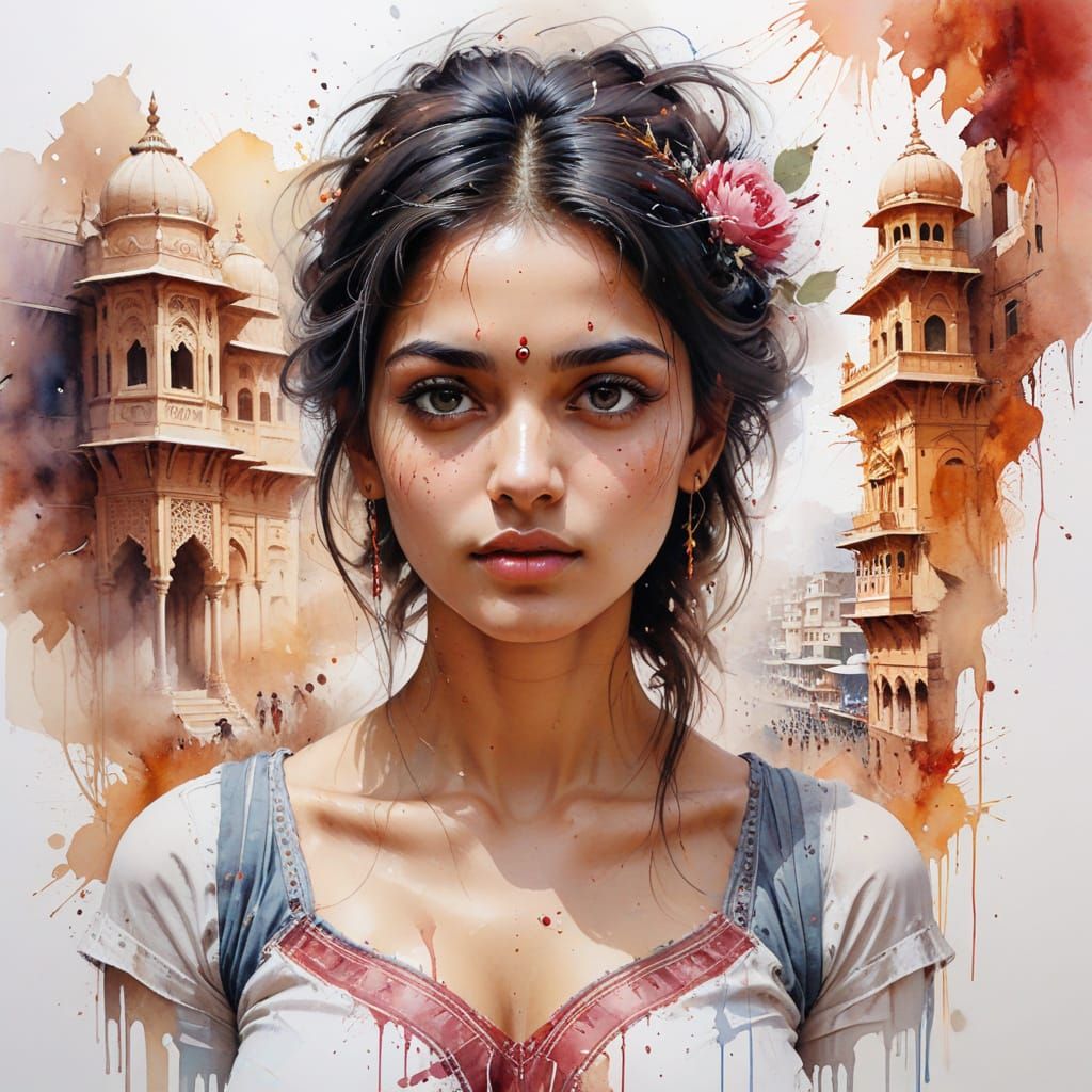 Majestic Jaipur Cityscape at Sunset in Vibrant Watercolour