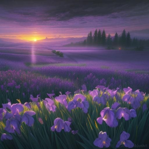 Purple Irises at Sunset: Ethereal Fantasy Scene