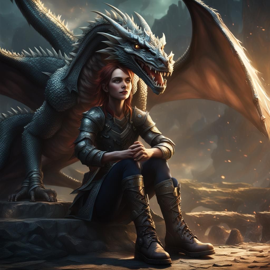 Dragon-Born Woman with Grin in Dramatic Lighting