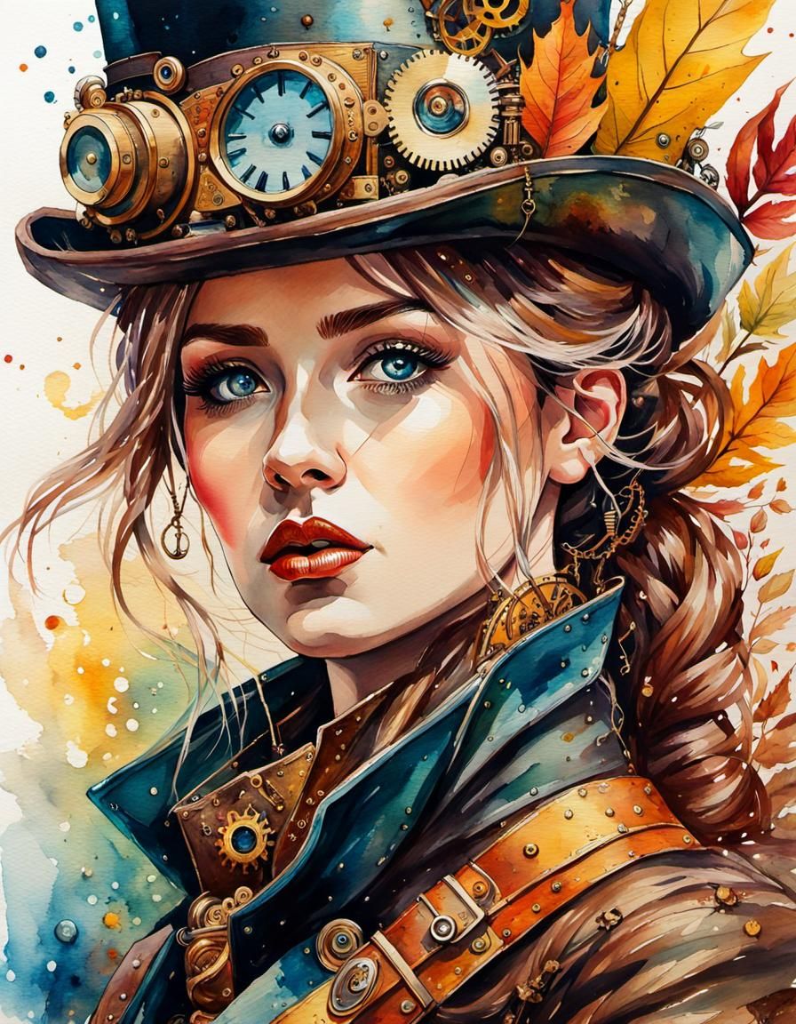 Steampunk Woman in Autumn, Stylized Watercolor Art