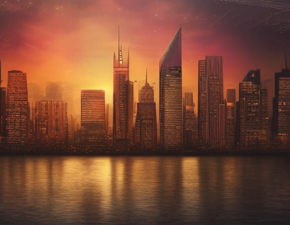 Sunset Cityscape: Holographic Astral Mixed-Media Illustratio...