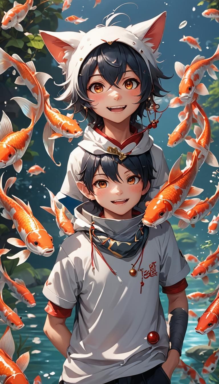 Anime Catboy with Fish: 3D Render in Anime Style