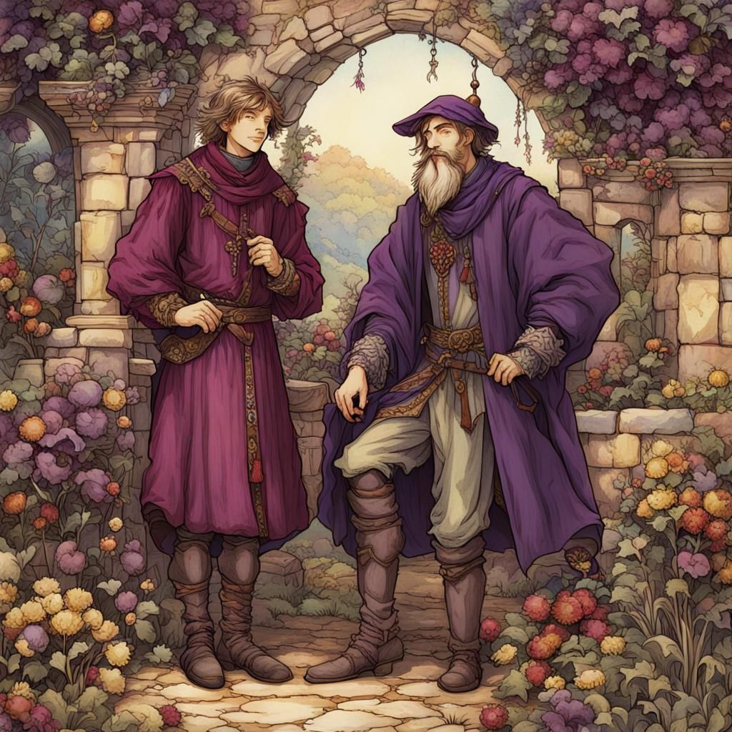 Medieval Father and Son in Anime Fairytale Garden