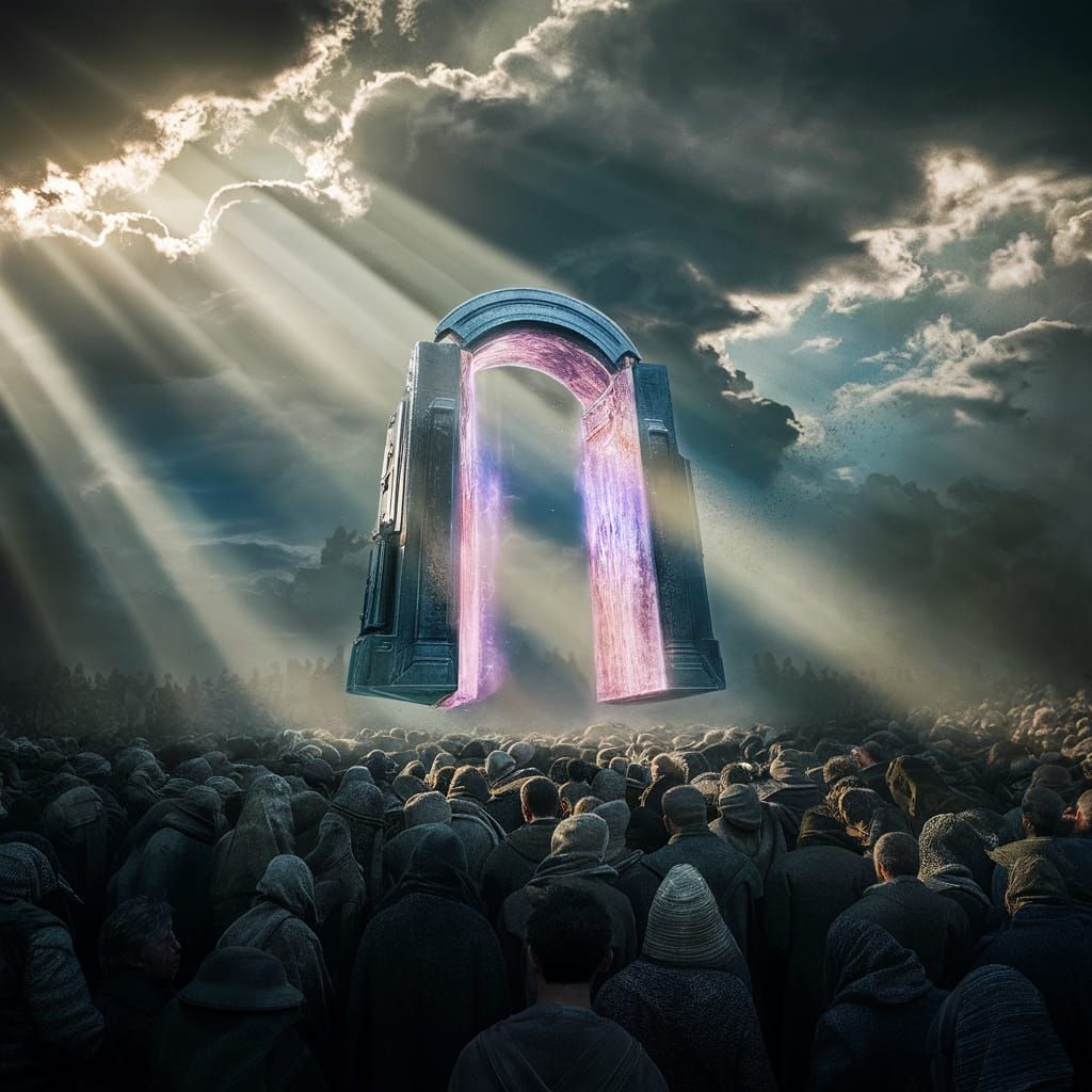 Ethereal Transport Gate Over Medieval Worshippers