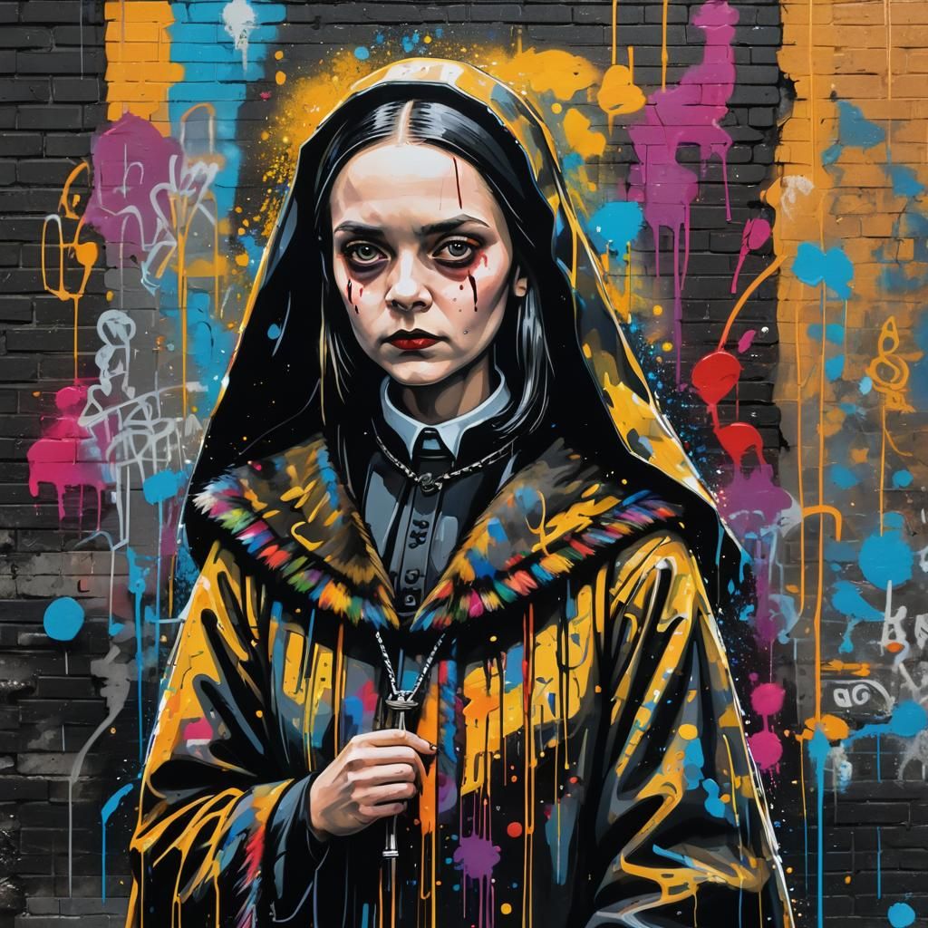 Wednesday Addams as Nun in Graffiti Art