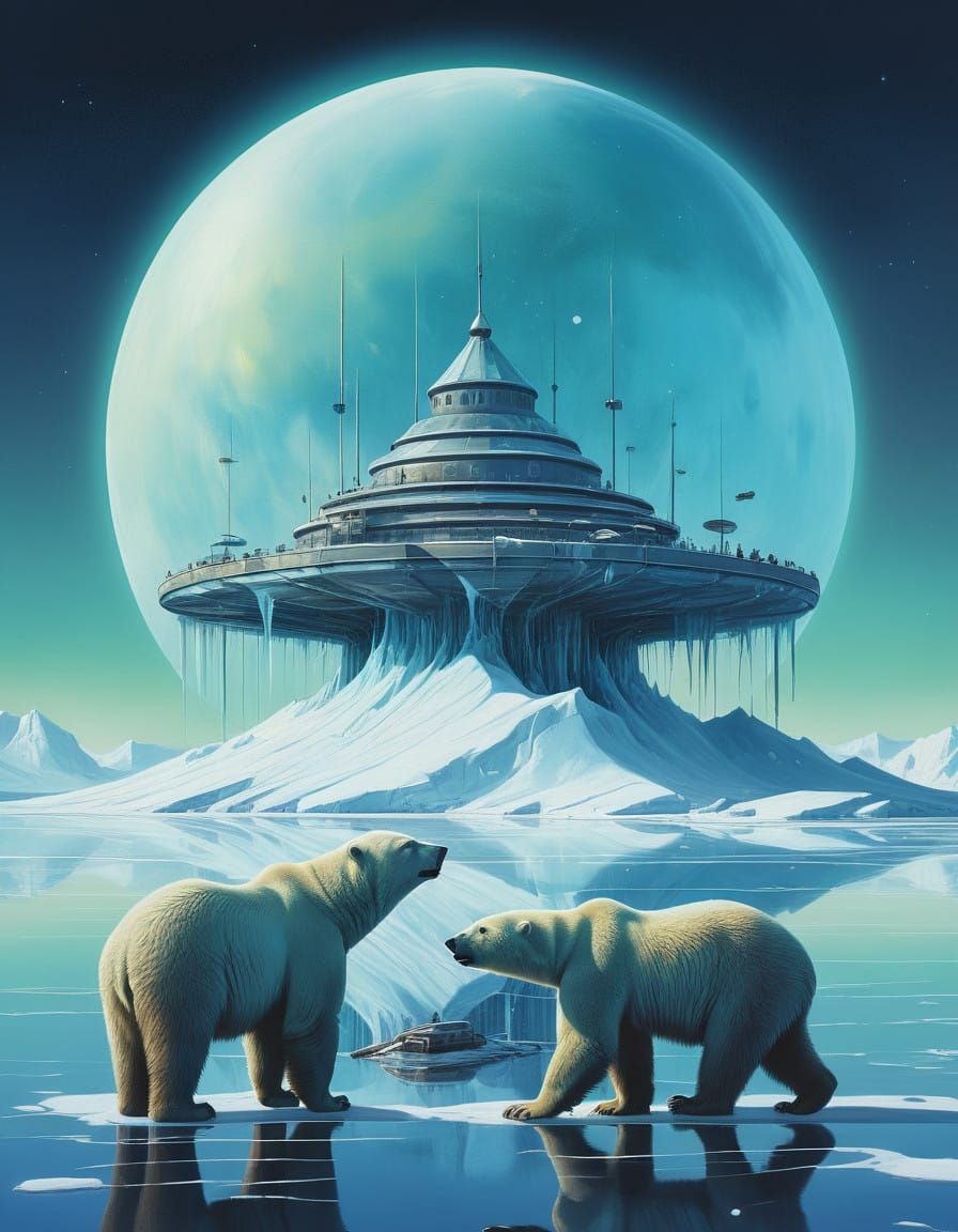 Majestic Polar Bears in Glowing Ice Palace
