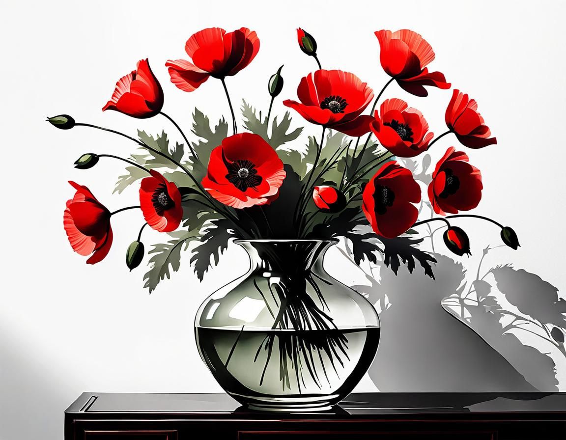 Red Poppy in Vase, Chinese Ink Painting