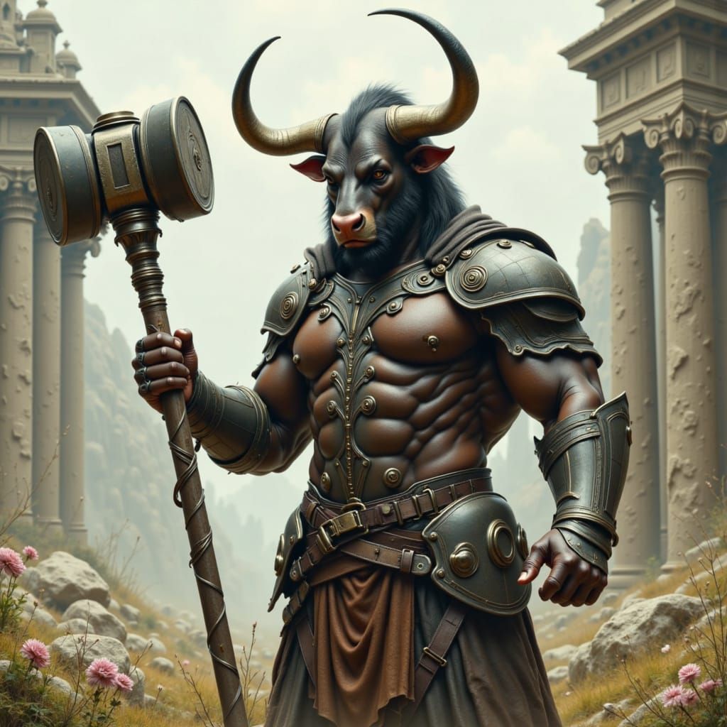 Triumphant Armored Minotaur with Hammer