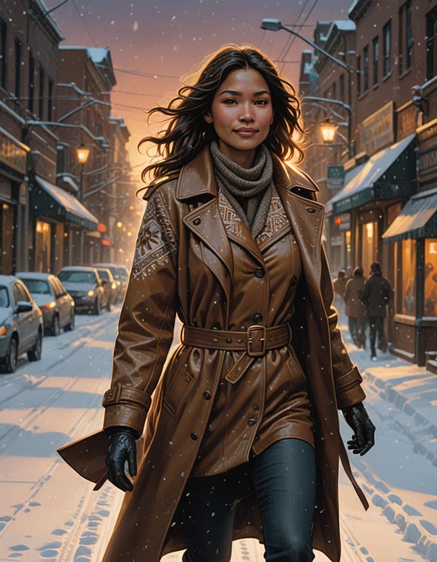 Indigenous Woman Walks Serenely in Sunset Snow