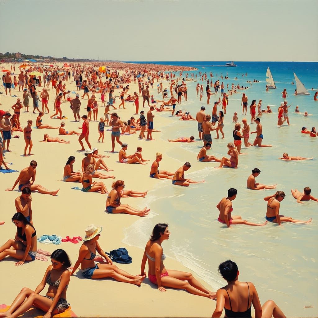Crowded Beach Scene in Modern Art Style