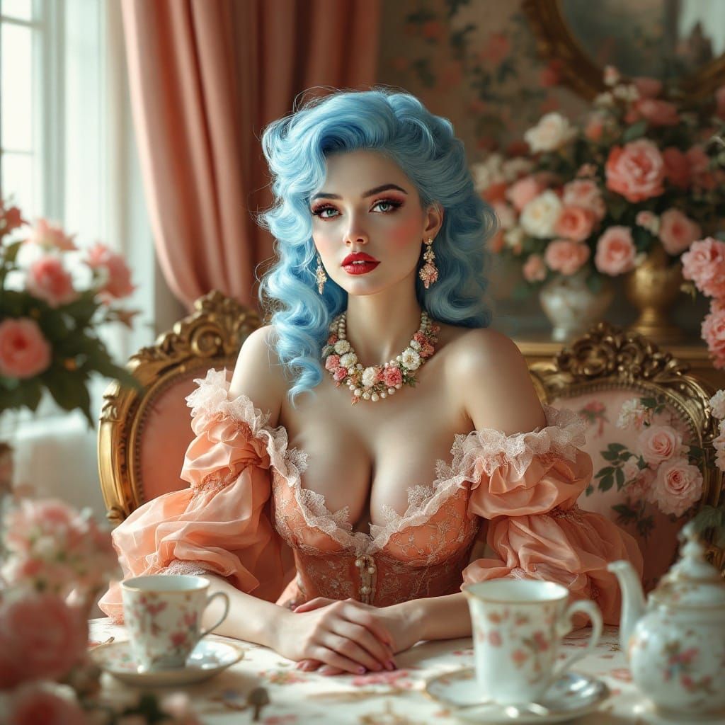 Elegant Woman in Rococo Tea Room