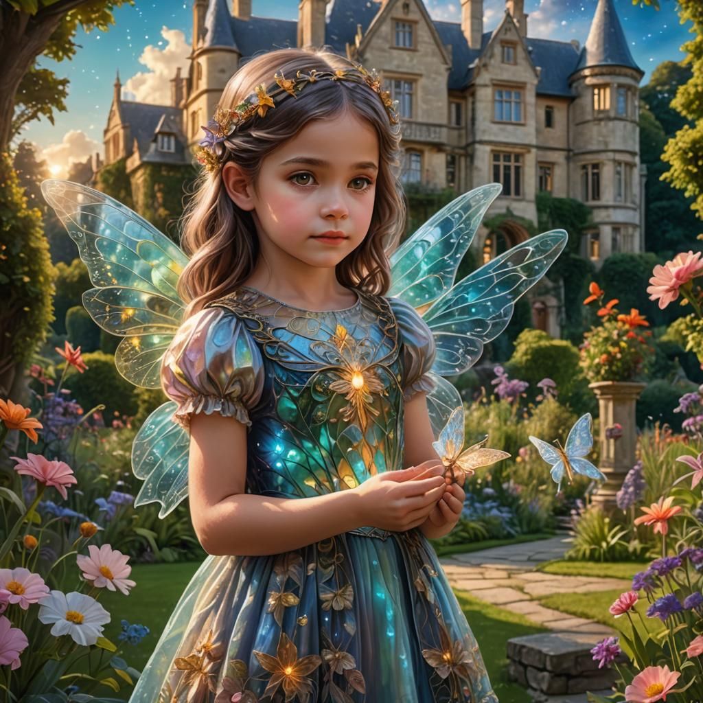 Girl with Winged Fairy in English Garden