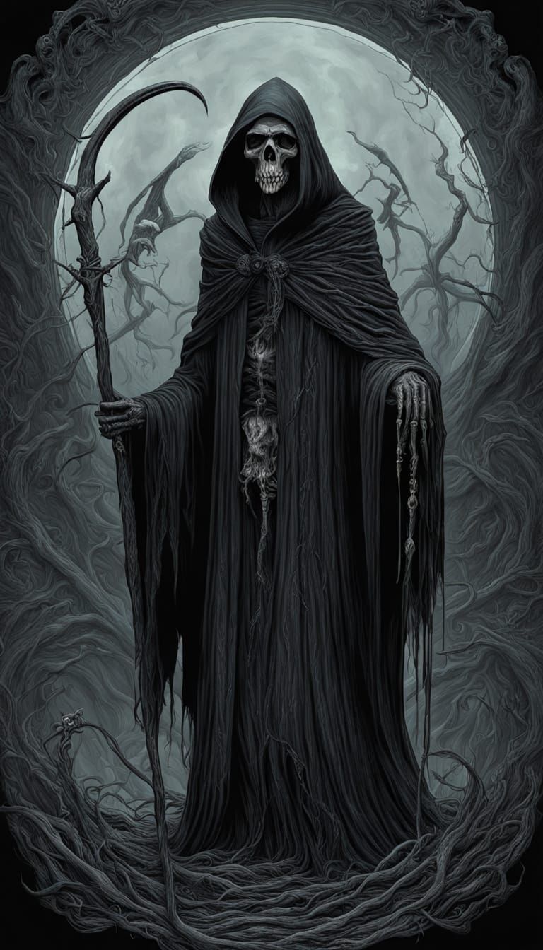 Surreal Grim Reaper Concept Art in Maximalist Style