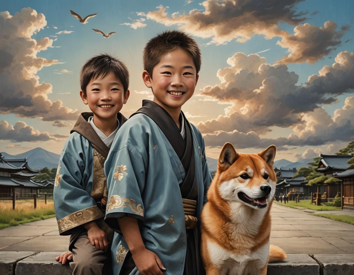 Smiling Boy and Shiba Inu Portrait