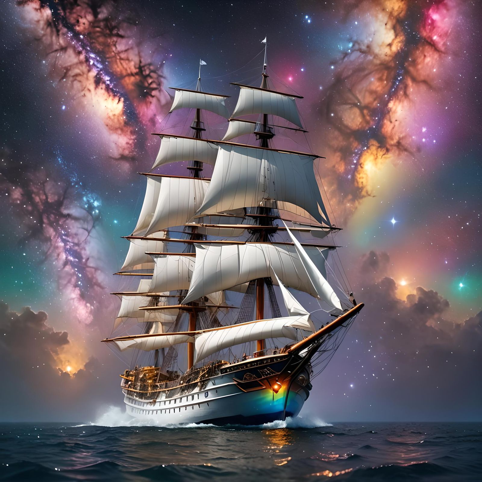 Macro Sailship Swims in Rainbow Galaxy