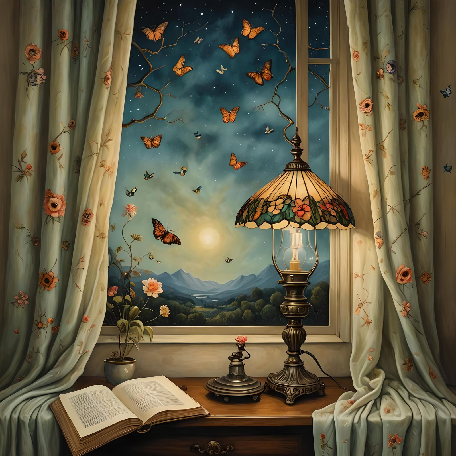 Moth and Lamp in Expressionist Oil Painting Style