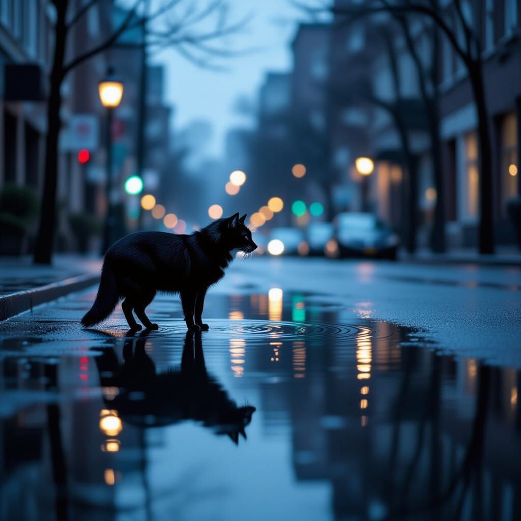 Graceful Animal Reflection in Urban Puddle
